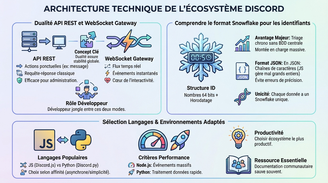 Schéma technique de l'architecture de l'API Discord montrant les flux REST et WebSocket