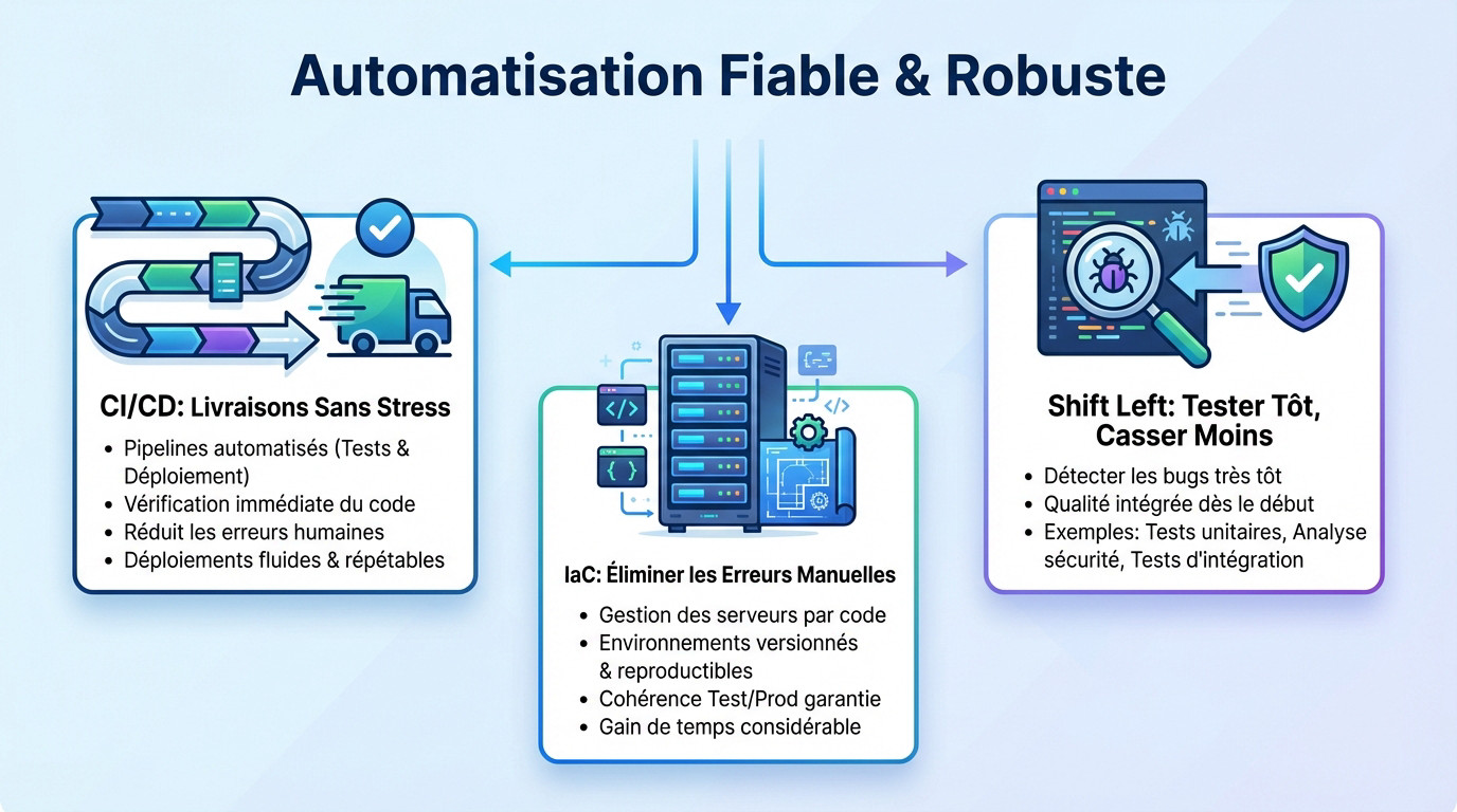 Schéma illustrant les trois piliers de l'automatisation DevOps : CI/CD, IaC et Shift Left