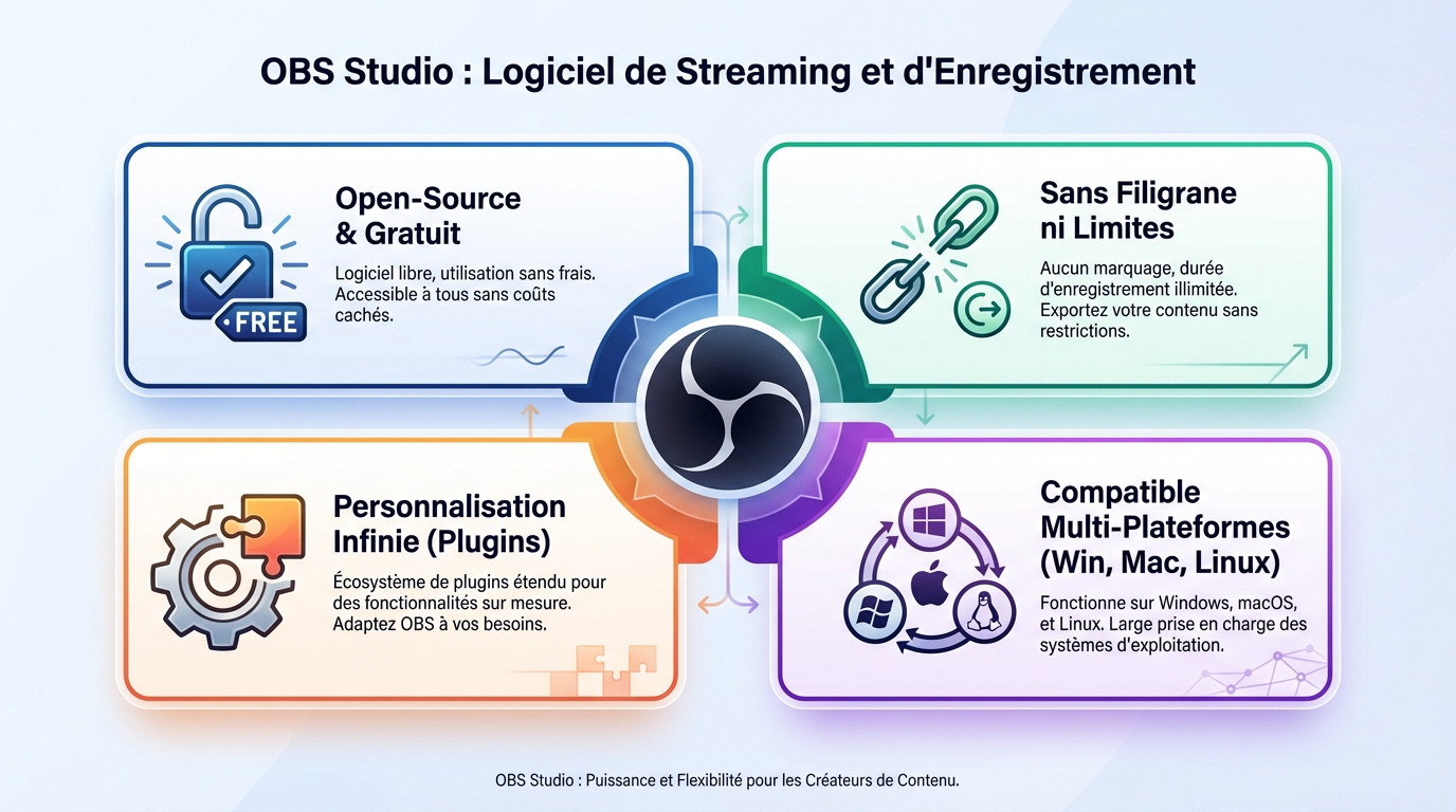 Interface du logiciel streaming gratuit OBS Studio avec ses fonctionnalités open-source