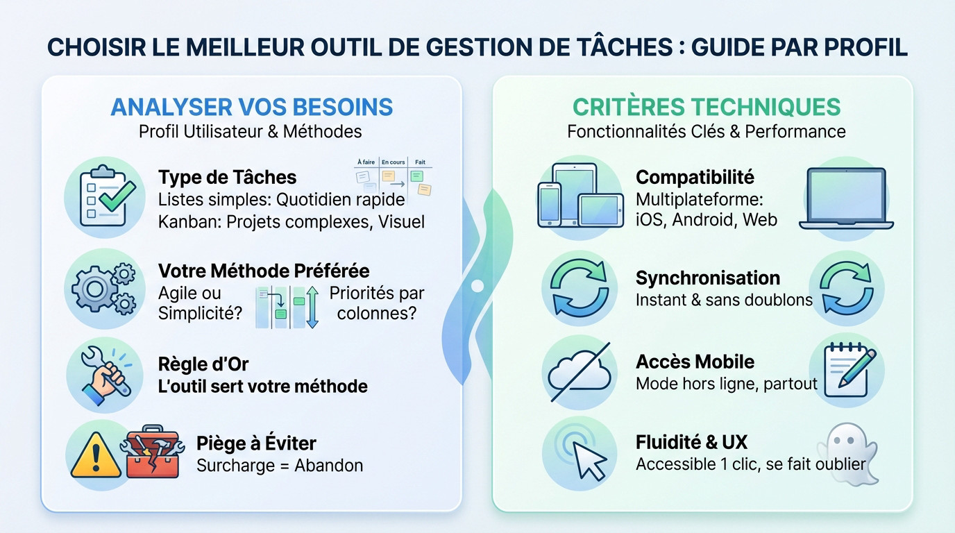 Interface d'un outil gestion tâches montrant des listes et un tableau Kanban