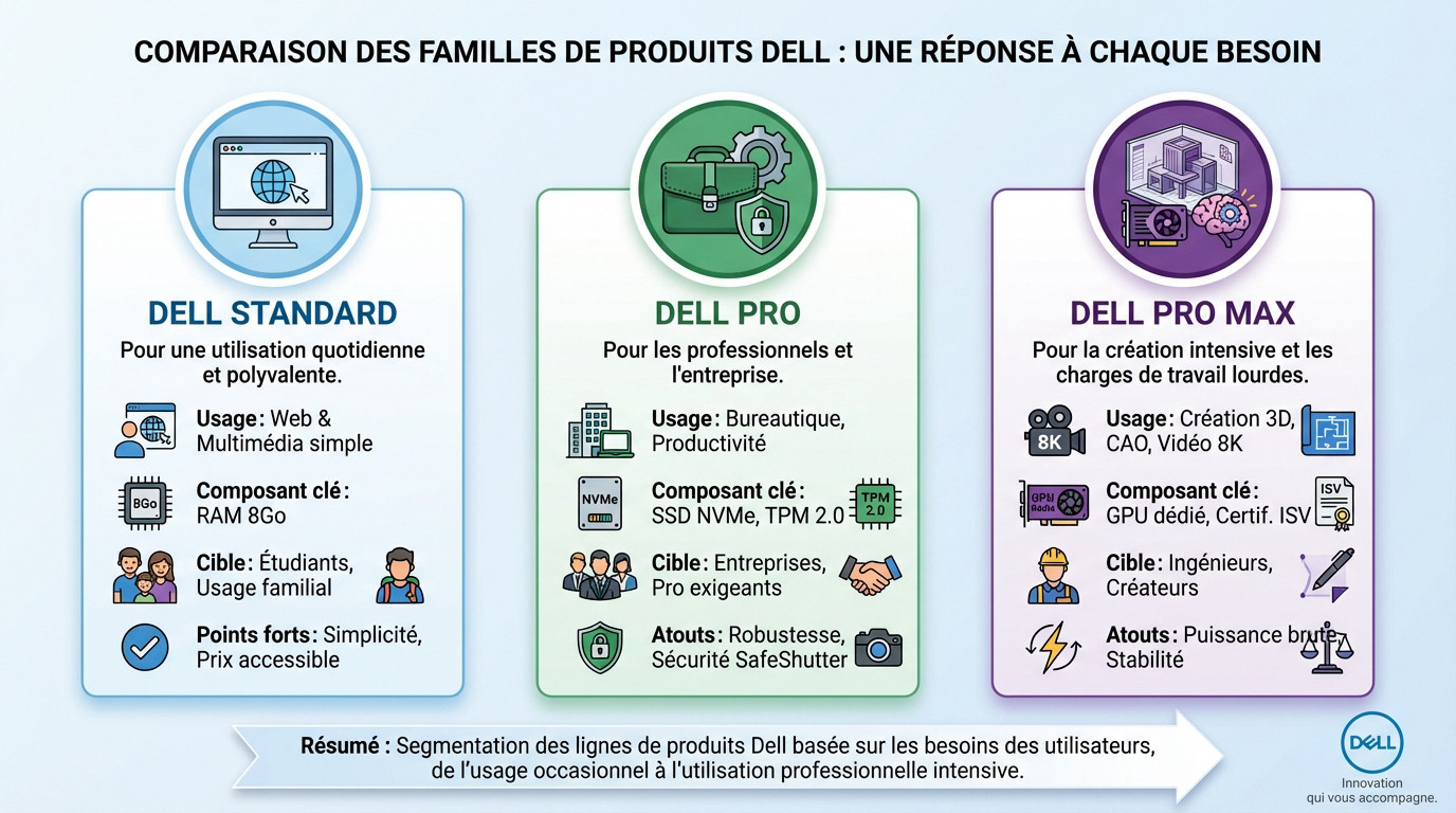 Positionnement Dell PC : comparaison des gammes Standard, Pro et Pro Max