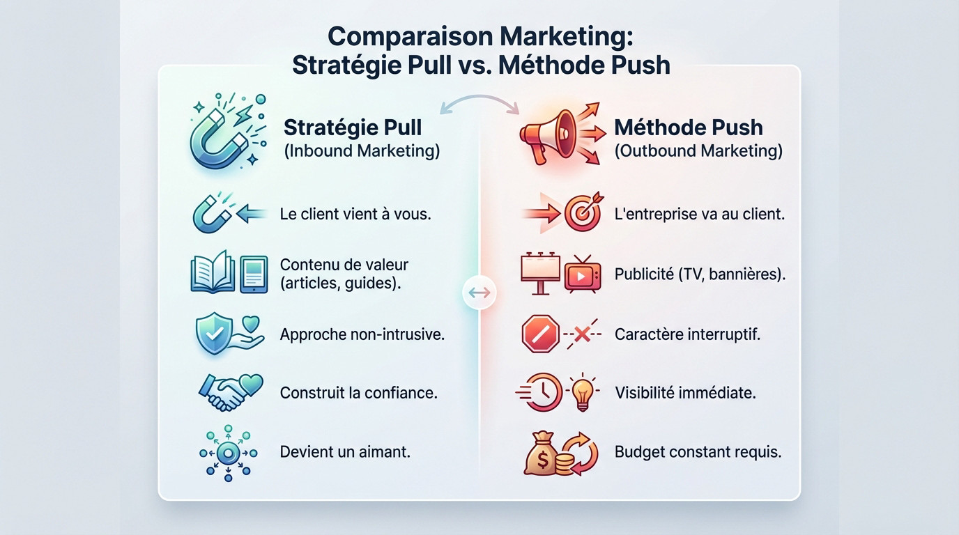 Comparaison visuelle entre les stratégies inbound et outbound marketing