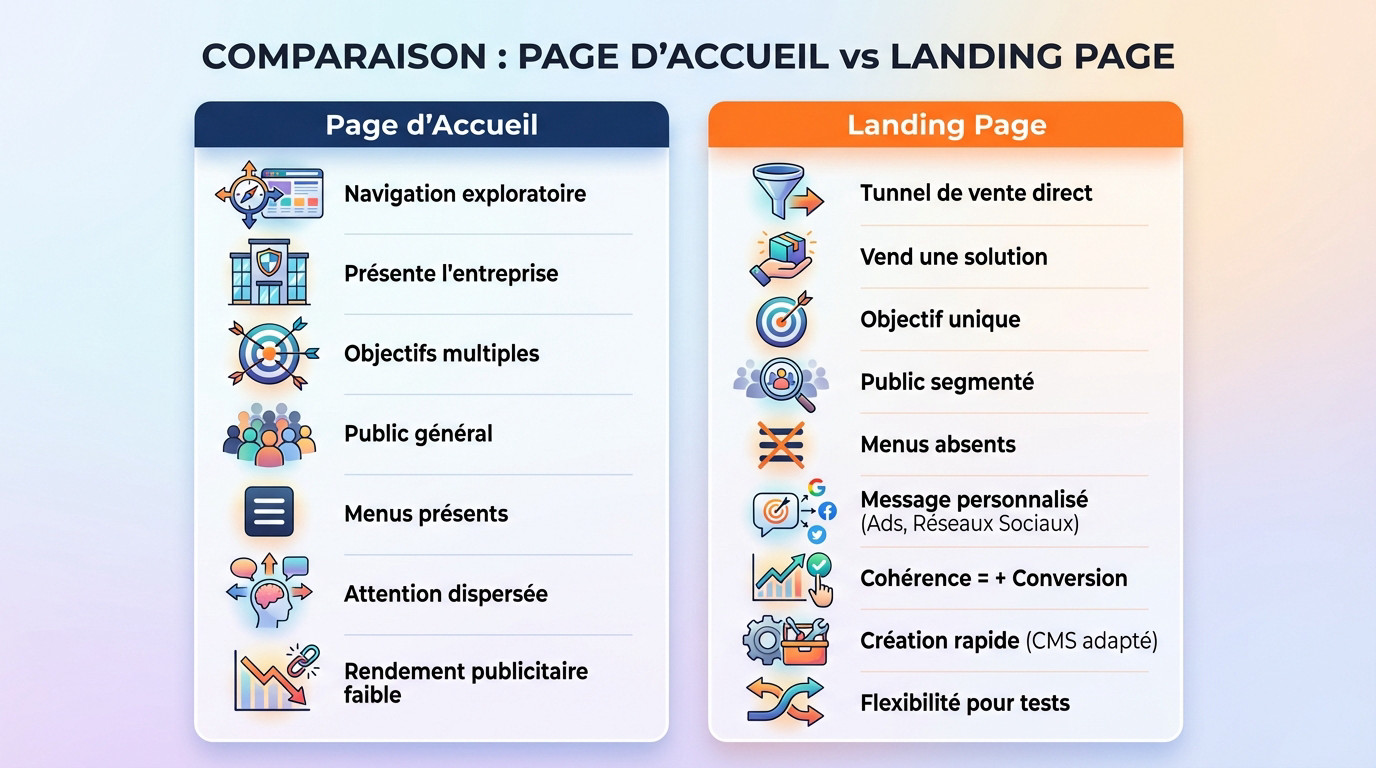 Comparaison visuelle entre une structure de page d'accueil et une landing page de conversion