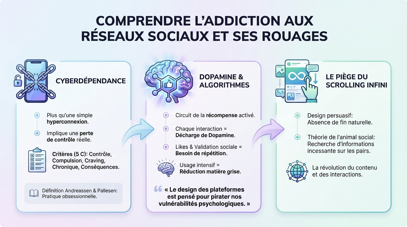 Illustration des mécanismes neurologiques de l'addiction aux réseaux sociaux et de la dopamine