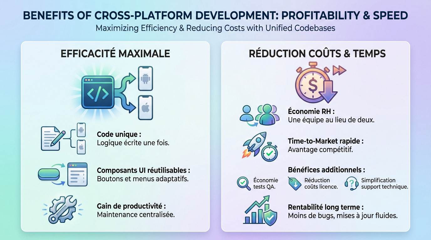 Schéma illustrant la rentabilité et la rapidité du développement cross-platform pour les applications mobiles