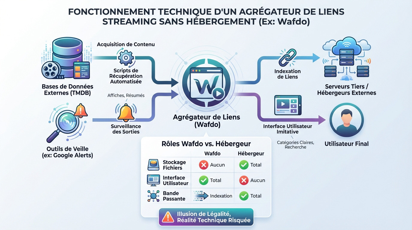 Schéma explicatif du fonctionnement technique d'un agrégateur de liens comme Wafdo
