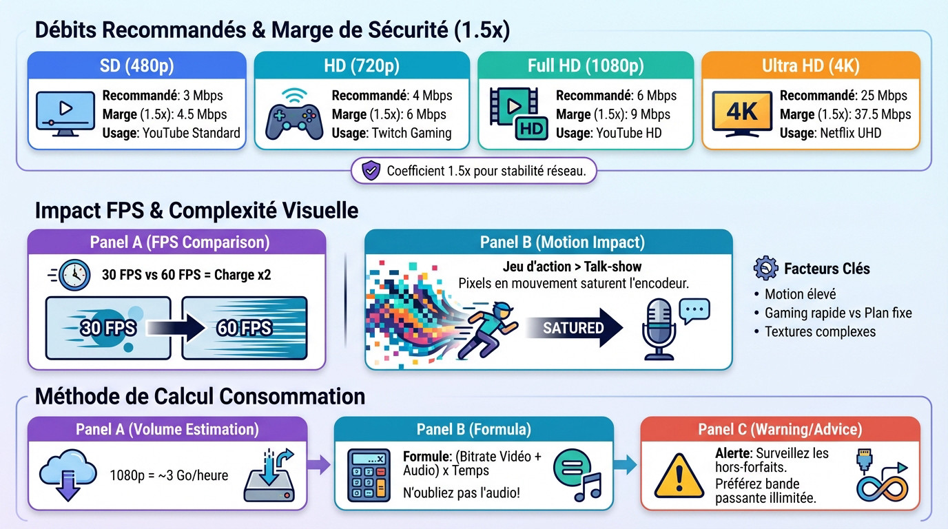 Tableau récapitulatif des débits recommandés pour le streaming selon la résolution et la fluidité d'image