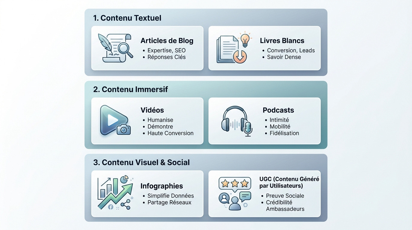 Infographie présentant les différents formats de marketing de contenu pour engager son audience