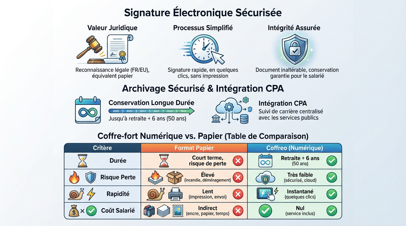 Infographie sur la signature électronique et l'archivage numérique sécurisé des documents RH