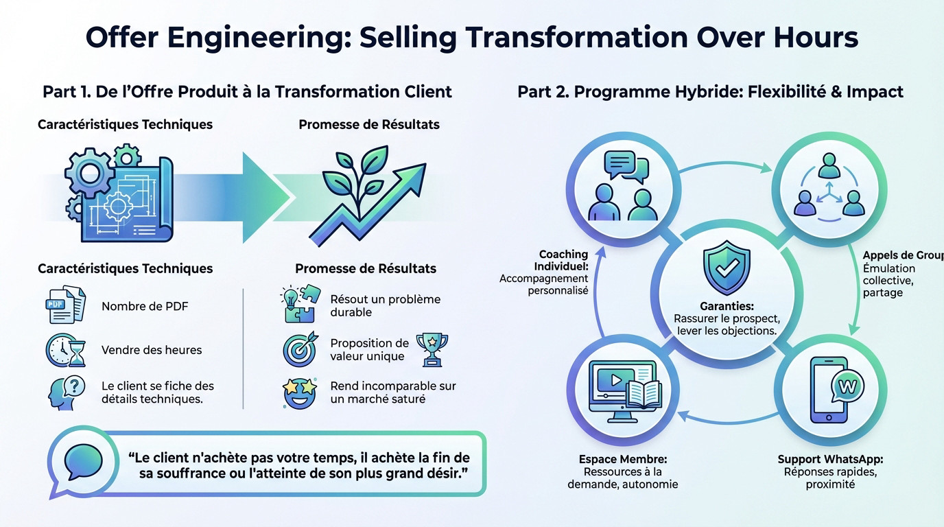 Schéma de l'ingénierie d'une offre de coaching passant de la vente d'heures à la transformation client