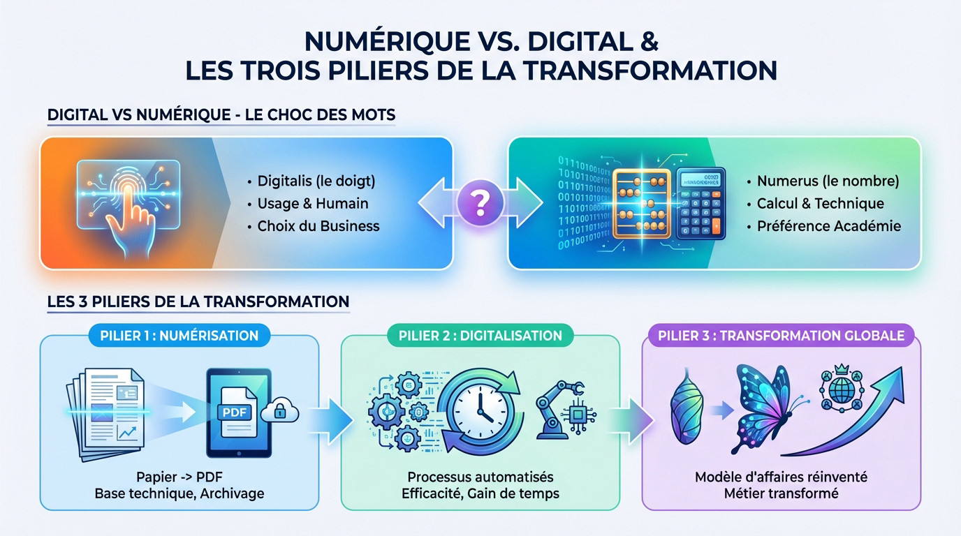 Comparaison entre numérisation, digitalisation et transformation globale