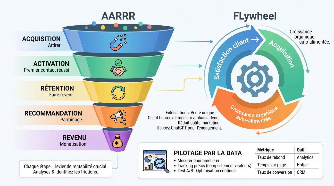 Schéma expliquant le framework AARRR et le modèle Flywheel pour la croissance