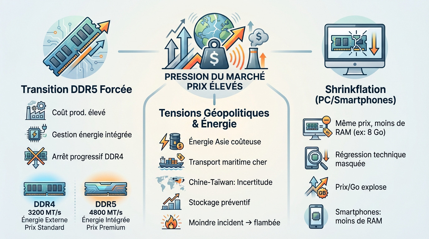 Graphique illustrant les causes de la hausse des prix de la mémoire vive et les tensions du marché mondial