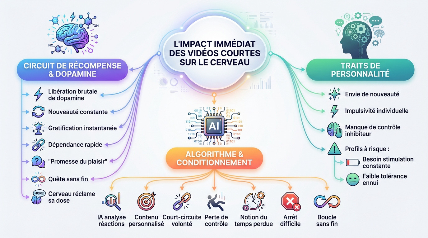Schéma neurologique montrant l'impact des vidéos courtes sur les circuits dopaminergiques du cerveau