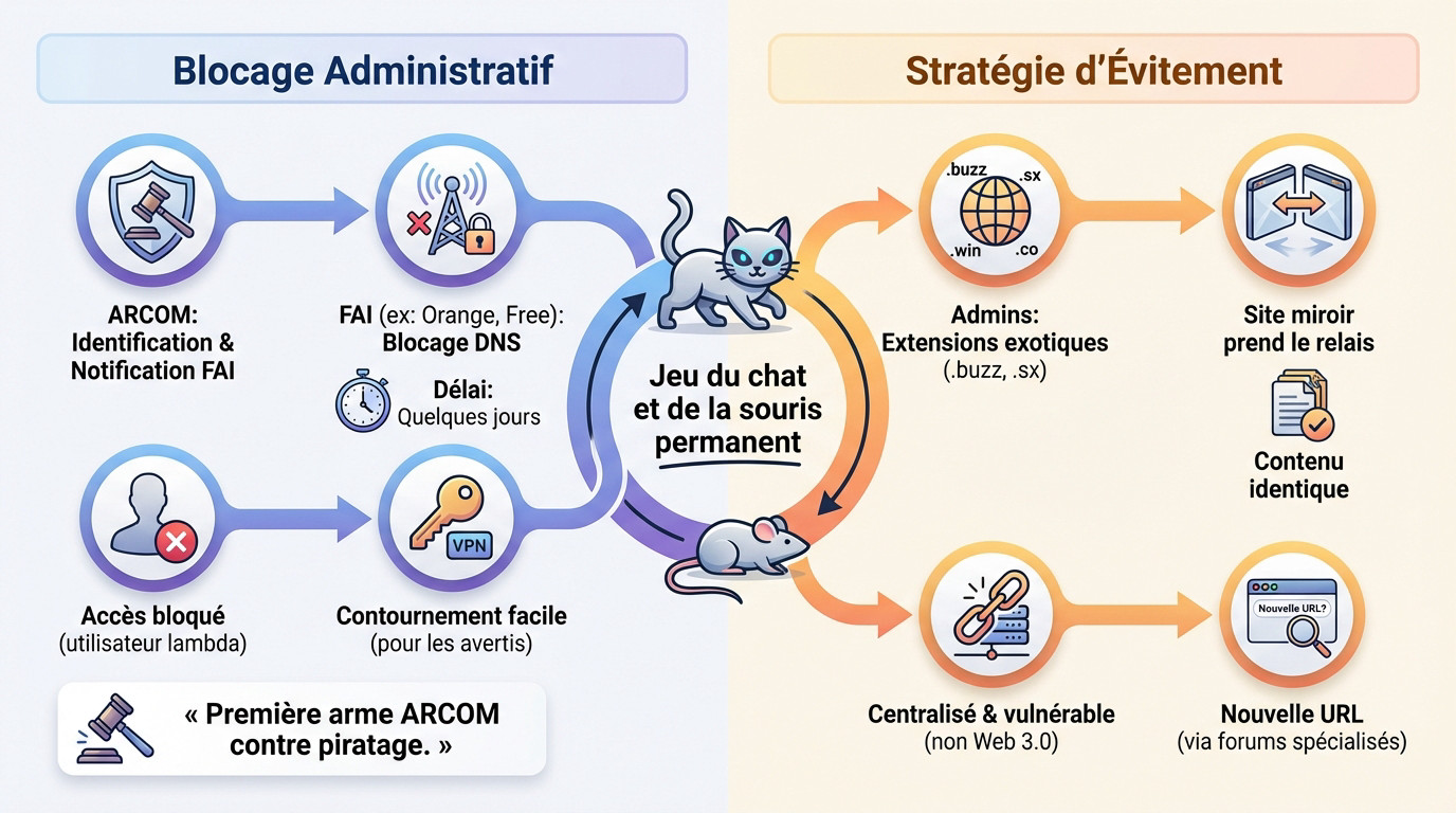 Illustration du blocage administratif de Wafdo par l'ARCOM et les FAI