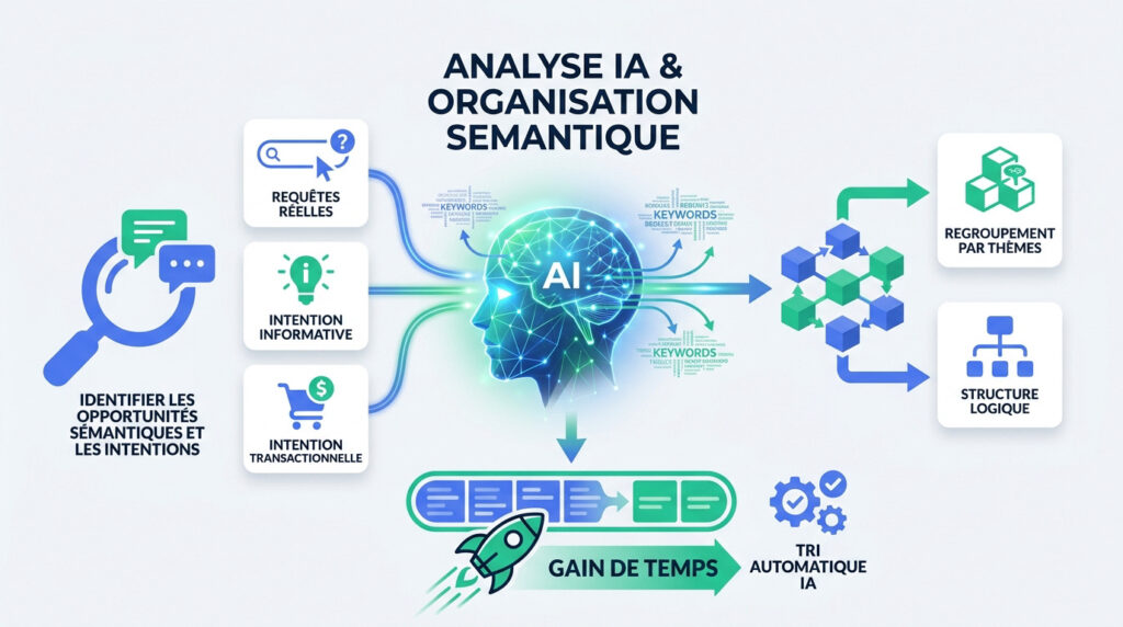 Schéma illustrant le traitement des intentions de recherche par l'IA pour le SEO, du regroupement au tri automatique.