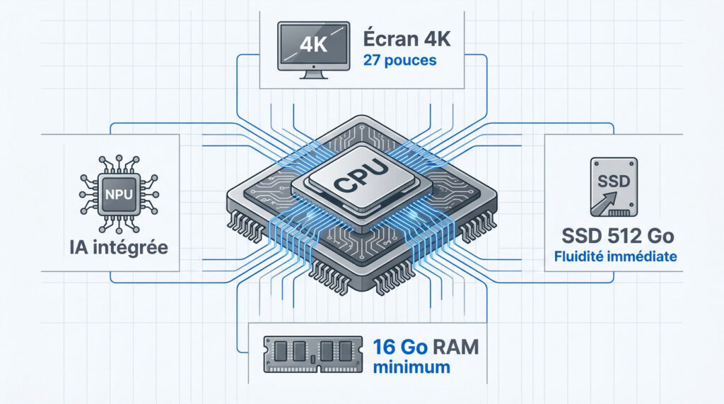 Schéma technique illustrant les composants essentiels d'un PC professionnel en 2026 autour d'un processeur central.
