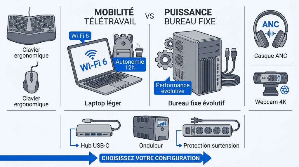 Comparatif illustré entre équipement de télétravail mobile et station de travail fixe haute performance.