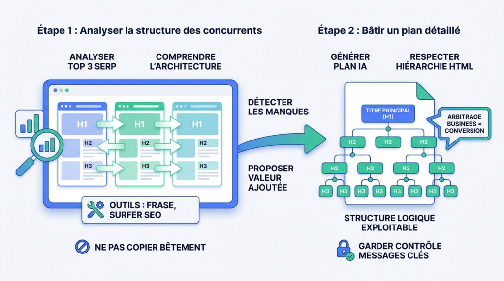 Infographie illustrant deux étapes SEO : analyser la structure des concurrents puis créer un plan de contenu hiérarchisé.